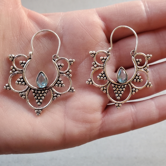 New Round Boho Gypsy Style Blue Quartz Silver Earrings. - Picture 7 of 10